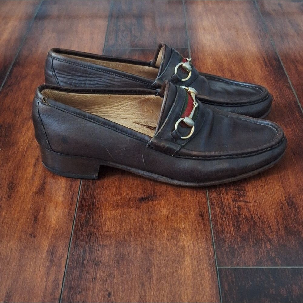 Gucci 80s Men’s Brown Leather 1953 Gold Horsebit Loafers Green Red Web 42 USA 9 - Picture 4 of 12